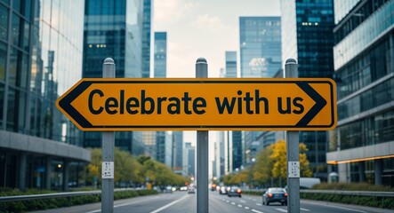 Obraz premium celebrate with us text on road sign in middle of modern business city background