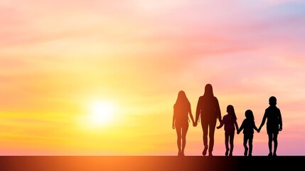 Fototapeta premium Silhouetted Family Walking Sunset Holding Hands