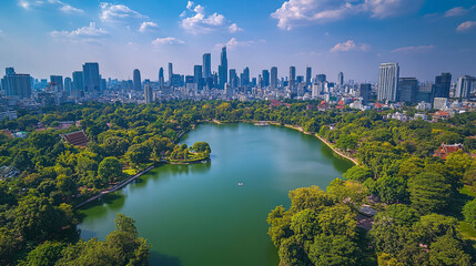 Obraz premium Lush green park surrounds tranquil lake with city skyline in the background during daytime