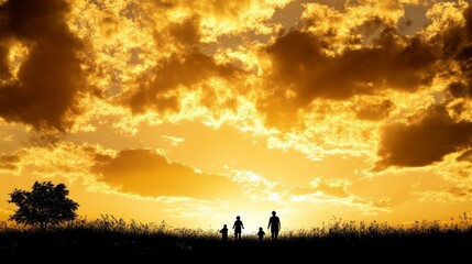 Silhouetted Family Walking Towards Sunset Sky