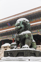 guardian lion of Forbidden city under snow