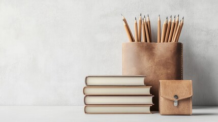 Books, pencils, leather case; study desk, minimalist background; education concept
