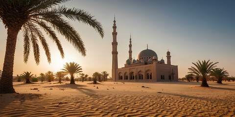 Naklejka premium Islamic Mosque Desert Sunrise Spiritual Architecture Dawn