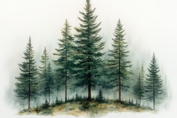 Serene Watercolor Forest Landscape with Pine Trees and Misty Hills