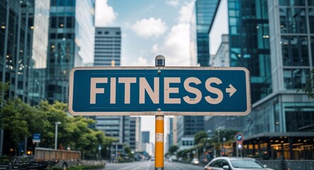 Obraz premium fitness text on road sign in middle of modern business city background