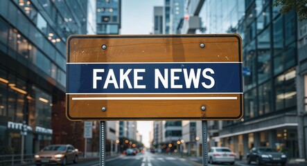 Obraz premium fake news text on road sign in middle of modern business city background