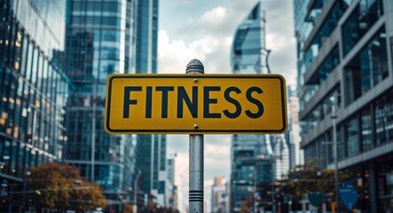 Fototapeta premium fitness text on road sign in middle of modern business city background