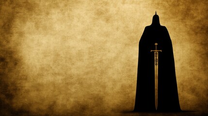 Silhouetted Figure with Sword, Ancient Parchment Background