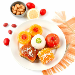 Obraz premium Group sweets on white plate isolated on the white background