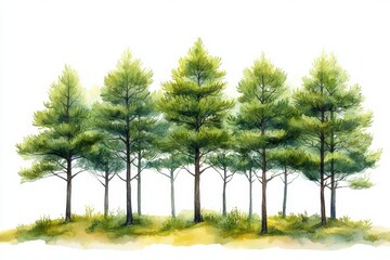 Obraz premium Lush Green Pine Trees in Watercolor Style with Soft Background