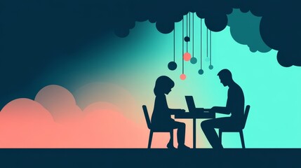 Silhouetted Figures Collaborating Underneath Abstract Cloudscape
