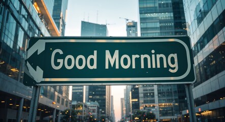 Fototapeta premium good morning text on road sign in middle of modern business city background