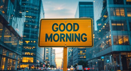 Obraz premium good morning text on road sign in middle of modern business city background