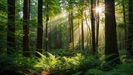 Obraz premium Sunlight Rays Shining Through Trees in Green Forest