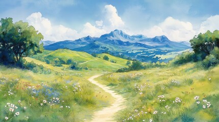 A painting of a field with a path leading through it