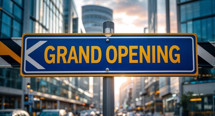 Obraz premium grand opening text on road sign in middle of modern business city background