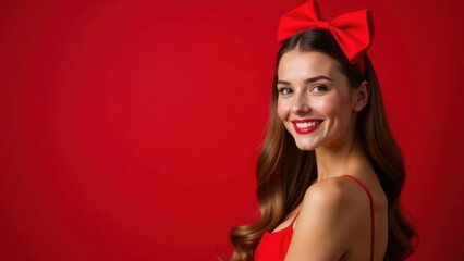 Elegant woman with red bow in hair and red dress smiles on red background