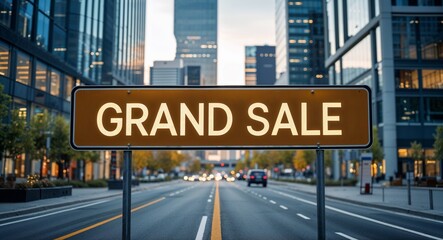 grand sale text on road sign in middle of modern business city background