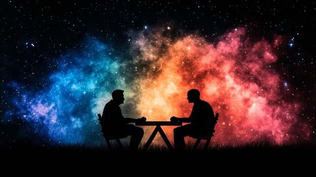 Silhouetted Figures Converse Under Starry Night Sky