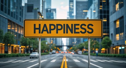 happiness text on road sign in middle of modern business city background