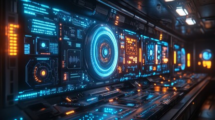 Obraz premium The Futuristic AI-Controlled Supercomputer Towering in Data Complexity and Technological Brilliance