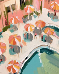 contemporary above view painting of a retro style Palm Springs resort with umbrellas, chairs, pool, and palm trees using muted pastel colors