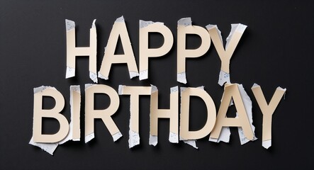happy birthday text lettering on torn paper on plain black background