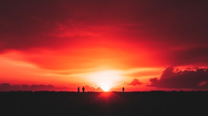 Silhouetted Figures Watching Fiery Sunset Landscape