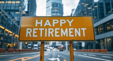 Obraz premium happy retirement text on road sign in middle of modern business city background