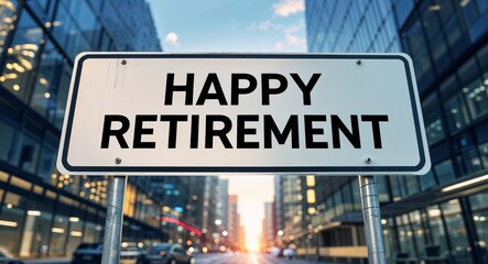 Obraz premium happy retirement text on road sign in middle of modern business city background