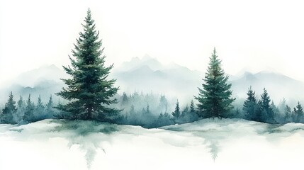 Naklejka premium Serene Watercolor Landscape of Evergreen Trees and Misty Mountains