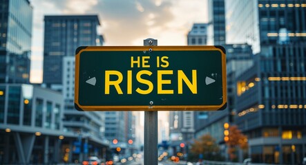 Obraz premium he is risen text on road sign in middle of modern business city background