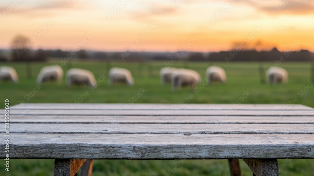 Poster empty wooden table overlooking sheep grazing in a field at sunset