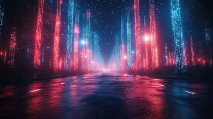 A city street with a neon light show in the background