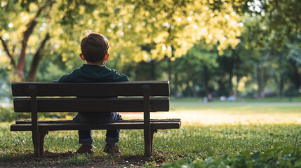 Child enjoys a quiet moment in the park surrounded by greenery and warm sunlight