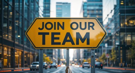 Obraz premium join our team text on road sign in middle of modern business city background