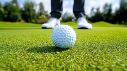 Focused golfer standing in a ready stance to hit the golf ball on a bright summer day, with the green course and nature in the background.