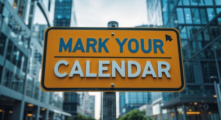 mark your calendar text on road sign in middle of modern business city background