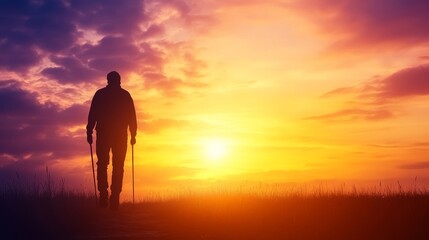 Silhouetted Hiker with Trekking Poles at Sunset