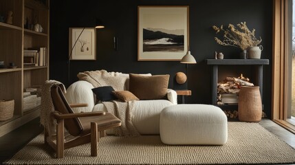 A cozy living room with Mocha Mousse walls, a cream ottoman, and natural wood accents.