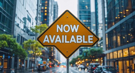 Obraz premium now available text on road sign in middle of modern business city background