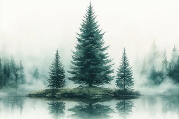 Fototapeta premium Tranquil Misty Landscape with Pine Trees and Calm Water Reflection