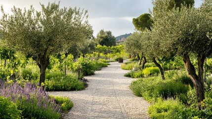 Obraz premium Serene Olive Grove Pathway: A Mediterranean Garden Landscape