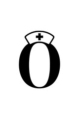 Obraz premium Letter O with nurse hat illustration, Creative design of the letter O featuring a nurse hat with a medical cross, symbolizing healthcare, nursing, and medical assistance. 