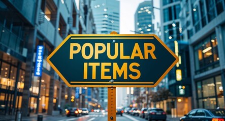 Obraz premium popular items text on road sign in middle of modern business city background