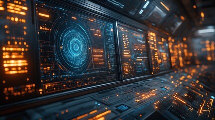 A computer monitor with a blue circle in the center and orange