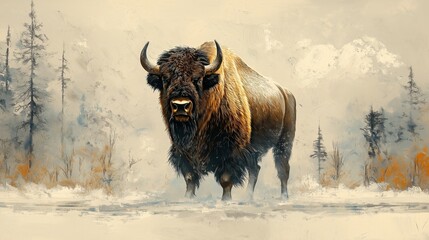 A buffalo is standing in the snow with its head down