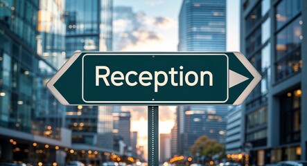 Fototapeta premium reception text on road sign in middle of modern business city background