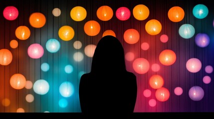 Silhouetted Woman Amidst Colorful Lantern Lights