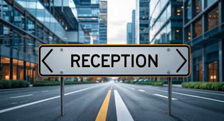 reception text on road sign in middle of modern business city background